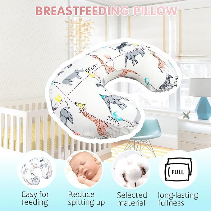 LAT Nursing Pillow for Breastfeeding with Removable Minky Cover,Ergonomic Breast Feeding Pillows for Mom and Baby,Machine Washable(Gray+Elephant)