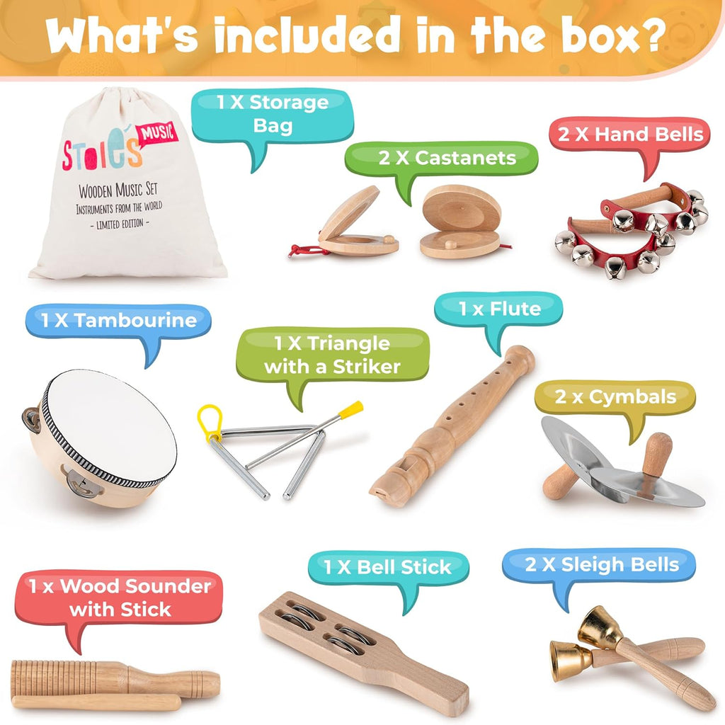 Stoie's Wooden Kids Musical Instruments for 3-9 Years Old, with Drum, Flute, Hand Bells, Cymbals, Castanets, Triangle, for Babies and Toddlers, Durable, Safe, Montessori Educational Toy, Storage Bag