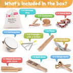 Stoie's Wooden Kids Musical Instruments for 3-9 Years Old, with Drum, Flute, Hand Bells, Cymbals, Castanets, Triangle, for Babies and Toddlers, Durable, Safe, Montessori Educational Toy, Storage Bag