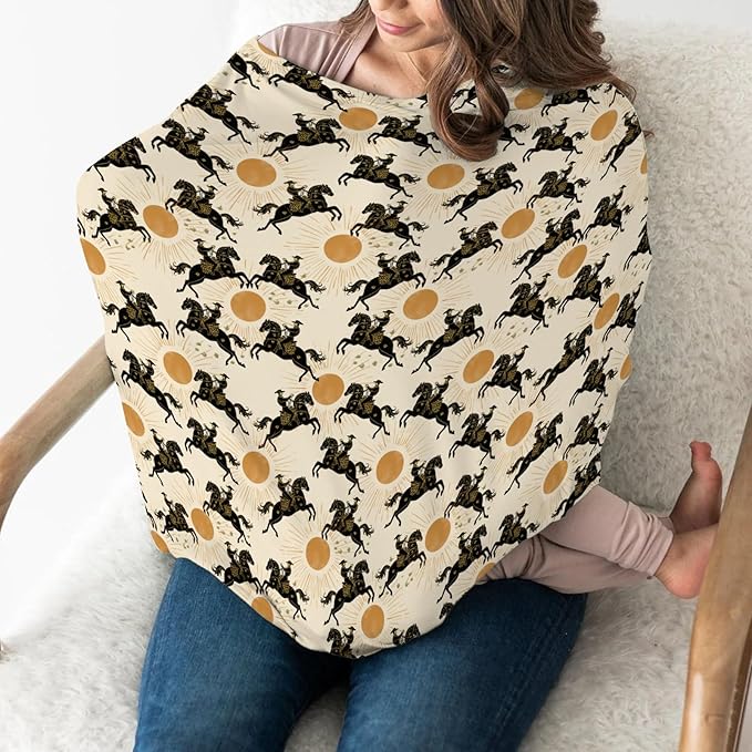 Western Cowboys Sunshine Baby Car Seat Covers Cowboy Horse Sun Stretchy 5-in-1 Cover Adjustable Car Canopy Breastfeeding Cover Wild West Desert Breathable Nursing Cover-Up