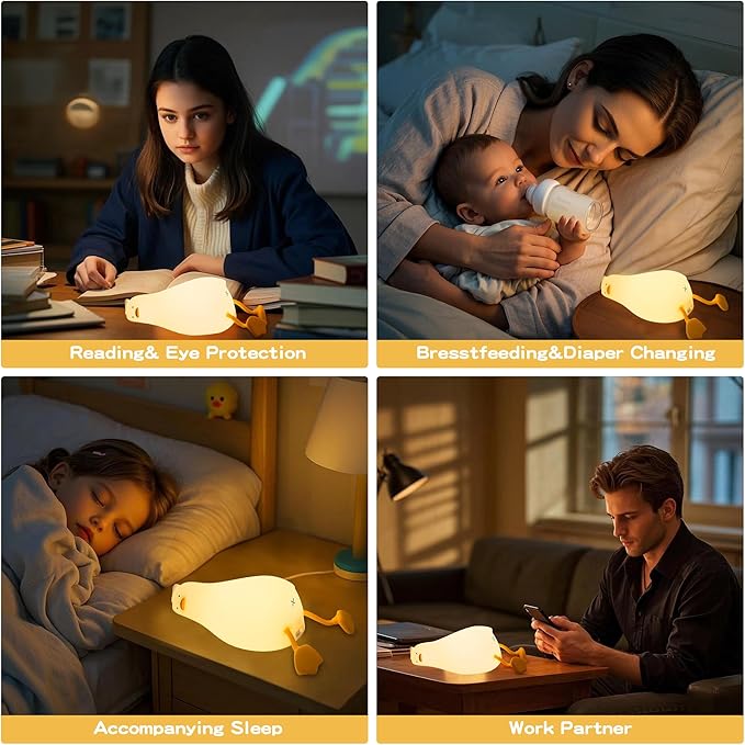 Lying Flat Duck Silicone Night Light, Cute Ducky Lamp with Gifts,Squishy Animal Nursery Nightlight, Dimmable/Rechargeable Portable Bedside Touch Lamp for Breastfeeding,Baby Adults Kids Room Decor