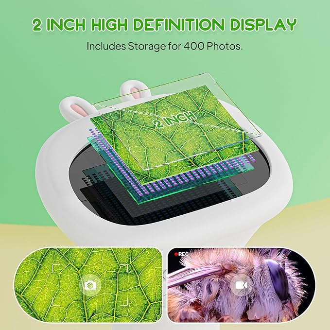 Microscope for Kids, 2'' Inch HD Screen Pocket Portable Microscope, 1000x Magnification Mini Magnifying Glass with Light for Kids, for 3-12 Girls & Boys - White