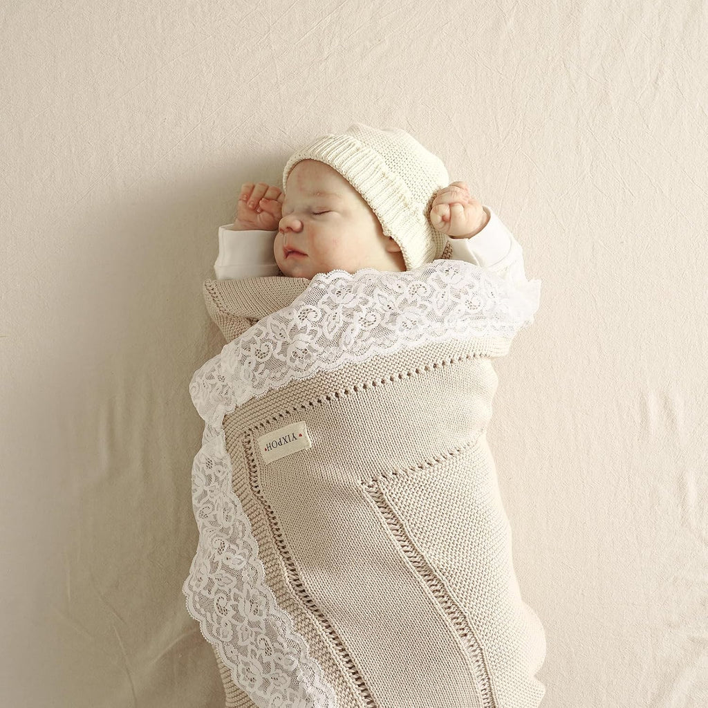 100% Organic Cotton Baby Blanket Knitted Softer Receiving Swaddle Warm Cozy Cuddle Crib Blanket for Newborns Infants Toddlers Boy and Girls Camel