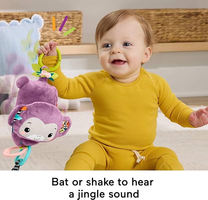 Fisher-Price Baby Stroller Toy Sing & Go Purple Monkey Musical Sensory Plush with Crinkle & Clackers for Newborns from Birth+