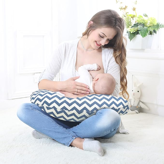 LAT Nursing Pillow for Breastfeeding,100% Cotton Removable Cover,Ergonomic Breast Feeding Pillows for Mom and Baby,Machine Washable(Blue Wave)