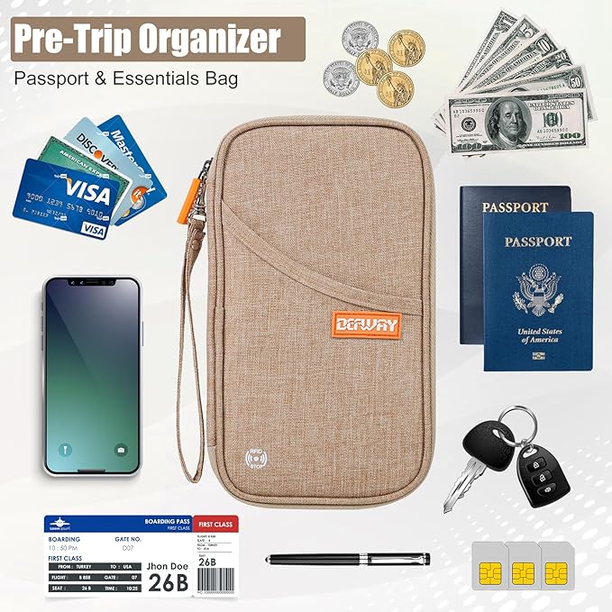 defway Passport Holder Travel Wallet - Family Passport Holder of 4, RFID Blocking Passport Wallet for Men Women, Travel Essentials for Flying (khaki)