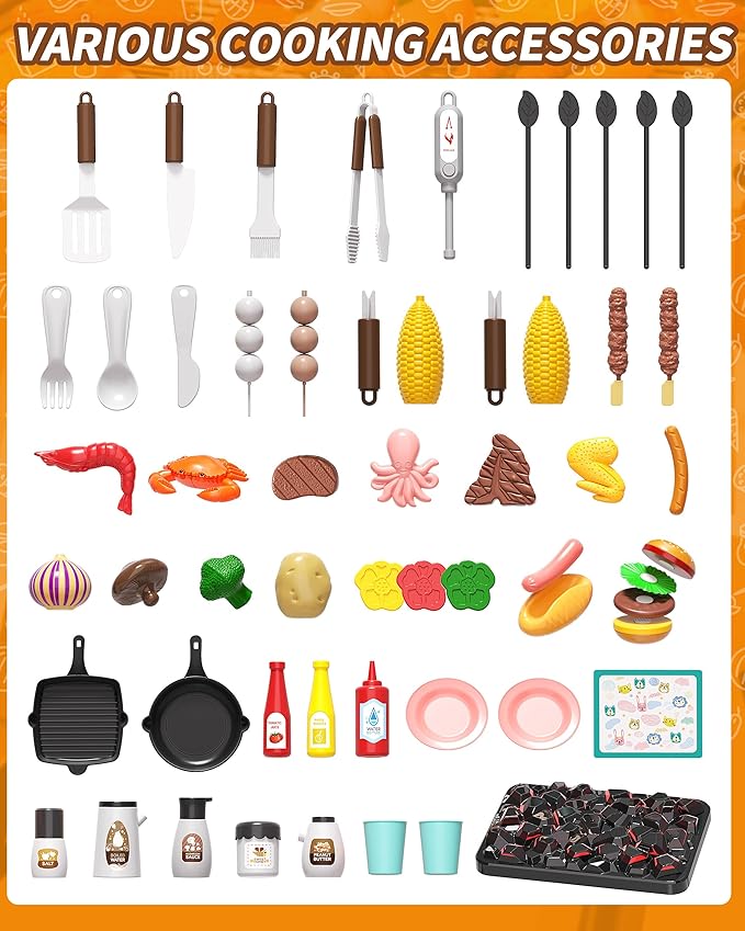 60pcs Kids Play Kitchen Toys for Kids, Outdoor BBQ Grill Playset with Smoke Sound & Light, Play Toy Grill Set for Toddlers Boys Girls 3 4 5 6 7 8