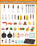 60pcs Kids Play Kitchen Toys for Kids, Outdoor BBQ Grill Playset with Smoke Sound & Light, Play Toy Grill Set for Toddlers Boys Girls 3 4 5 6 7 8