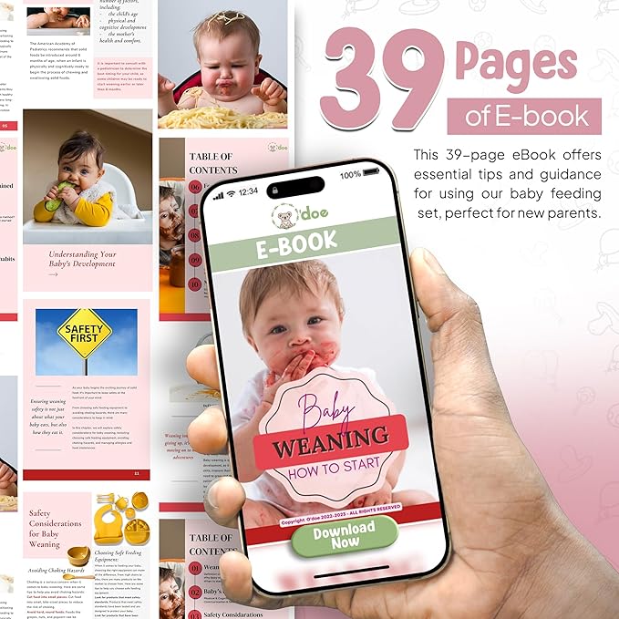 O'doe 17-Piece BPA-Free Silicone Baby Feeding Set | Thick & Soft Suction Plates, Baby Bowls, Wooden Fork & Spoon, and More | Make Mealtime Fun and Easy for Your Little One | Pink, V2