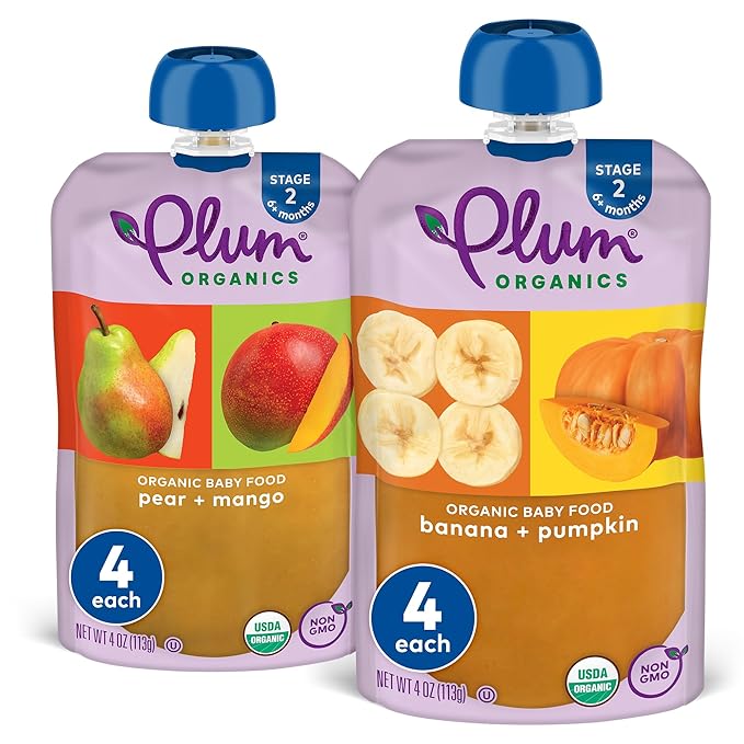 Plum Organics Variety Pack 6+Months - Pear + Mango & Banana + Pumpkin - Organic Fruit and Veggie Baby Food Pouches - 4 oz Pouch (Pack of 8)