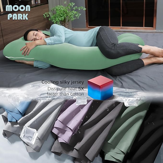 MOON PARK Pregnancy Pillows for Sleeping - U Shaped Full Body Maternity Pillow with Removable Cover - Support for Back, Legs, Belly, HIPS - 65 Inch - Green - Cooling Cover