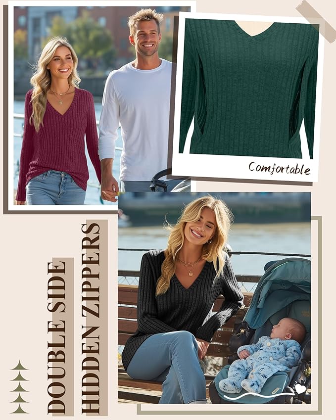 3 Pack Women's Maternity Nursing Tops, V Neck Breastfeeding Sweaters Long Sleeve Hidden Zipper Shirts