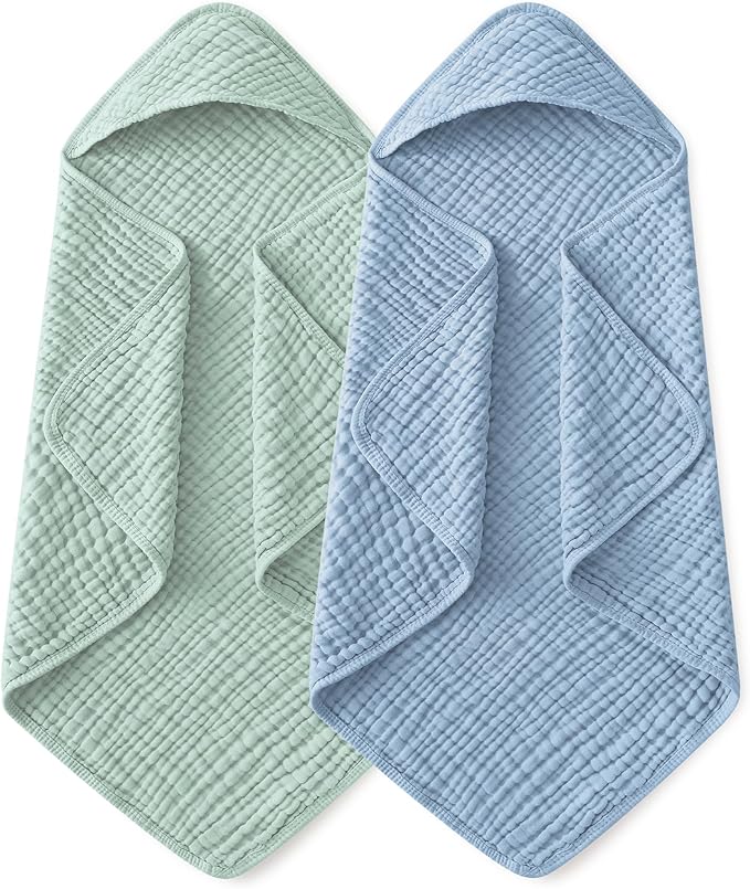 Yoofoss Hooded Baby Towels for Newborn 2 Pack 100% Muslin Organic Cotton Baby Bath Towel with Hood for Babies, Infant, Toddler and Kids, 37.5"x37.5", Soft and Absorbent Newborn Essential,Blue&Green