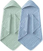 Yoofoss Hooded Baby Towels for Newborn 2 Pack 100% Muslin Organic Cotton Baby Bath Towel with Hood for Babies, Infant, Toddler and Kids, 37.5"x37.5", Soft and Absorbent Newborn Essential,Blue&Green