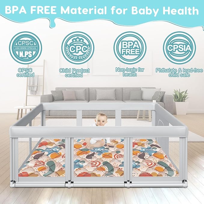 74" ×50" Large Baby Playpen, Baby Playard for Babies and Toddlers, Play Pens for Indoor & Outdoor, Sturdy Safety Play Yard with Soft Breathable Mesh, Anti-Fall, Grey (with MAT)