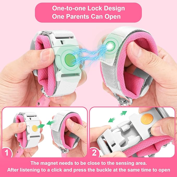 Accmor Anti Lost Wrist Link with Induction Lock, Upgraded Toddler Leash, Reflective Kids Wrist Leash for Baby, Child Walking Wristband Leashes with Magnetic Unlock Design for Girls, Rose (6.5ft)