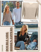 3 Pack Women's Maternity Nursing Tops, V Neck Breastfeeding Sweaters Long Sleeve Hidden Zipper Shirts