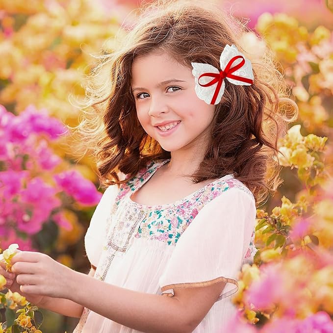 2pcs Lace Hair Bows for Girls, White Lace and Red Hair Ribbons, Alligator Bow Hair Clips, Handmade Hair Accessories for Girls