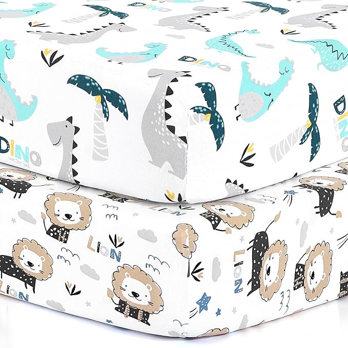 Pack n Play Sheets, BROLEX 2 Pack Mini Crib Sheets,Stretchy Portable Fitted Playard Sheet Set, Convertible Playard Mattress Cover,Ultra Soft Breathable Material,Dinosaur Lion