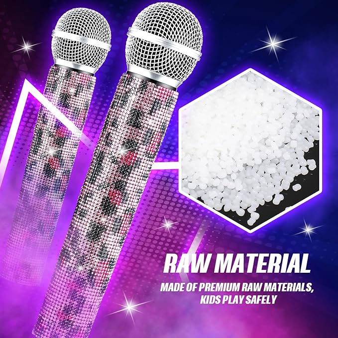 Sanwuta Fake Microphone Prop Sparkly Bling Rhinestones Plastic Play Microphone Pretend Glitter Bedazzled Mic for Cosplay Party Costume(Pink Leopard)