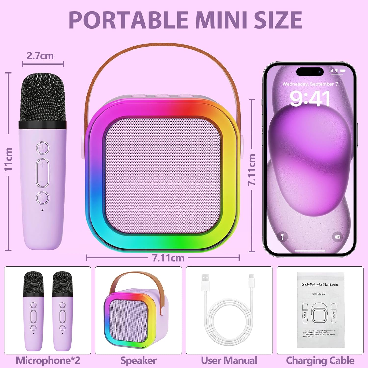 Fede Karaoke Machine for Kids Adults, Mini Karaoke Machine with 2 Wireless Microphones, Portable Bluetooth Speaker with Voice Changing Effects & LED Lights, Best Gifts Toys for Girls and Boys