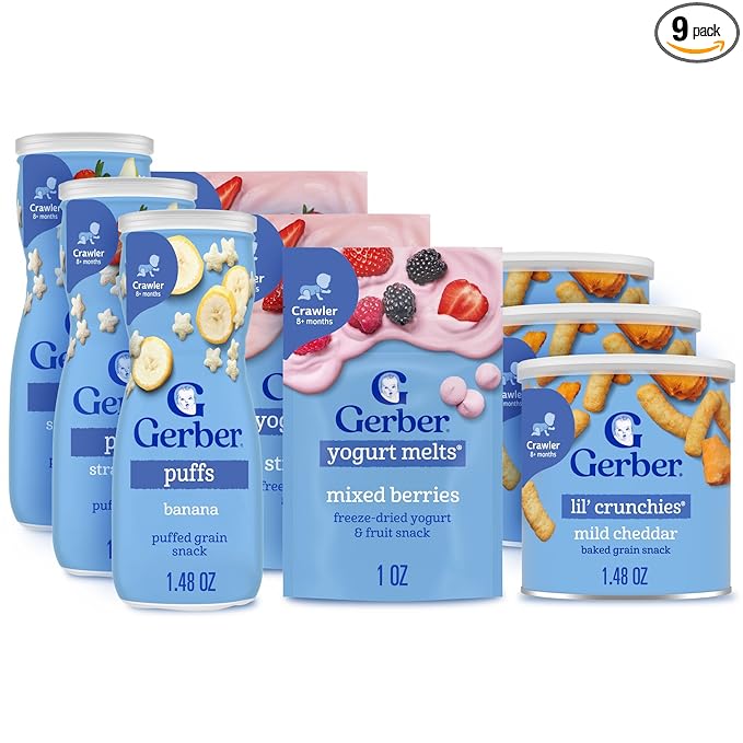 Gerber Strawberry Yogurt Melts, Mixed Berries Yogurt Melts, Banana Puffs, Strawberry Apple Puffs, Mild Cheddar Lil' Crunchies, 9-Pack