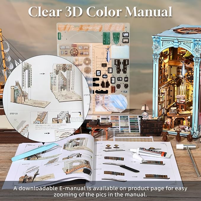 Book Nook Kit, DIY Miniature Dollhouse Booknook Kit, 3D Wooden Puzzle Bookend Bookshelf Insert Decor with LED Light for Teens and Adults(Hemingway House)