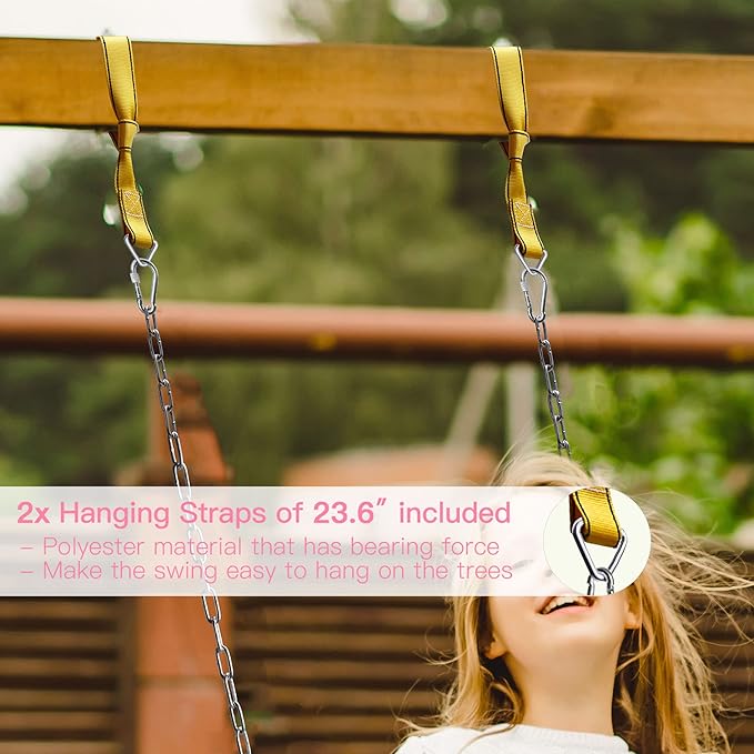 PACEARTH Swing Seat Support 660lb with 68.9 inch Anti-Rust Chains Plastic Coated 23.6 inch Tree Hanging Straps and Locking Buckles Outdoor Playground Tree Swing-Pink