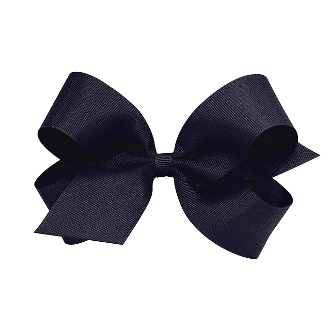 Wee Ones Girls' Plain Wrap Classic Grosgrain Hair Bows on a WeeStay No-Slip Hair Clip, Handmade, Large, Navy