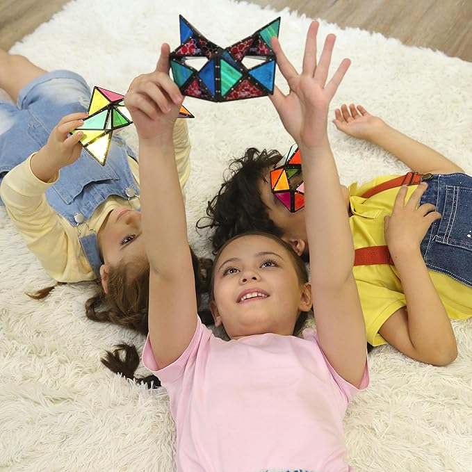 TOSY Magnet Pyramid - 1 Cube Transforms into 1 Billion Shapes, 12 Pieces, 243 Rare Earth Magnets, Glowing, Holographic Magnet Tiles Creative Puzzle STEM/STEAM Toy, Mixed Set