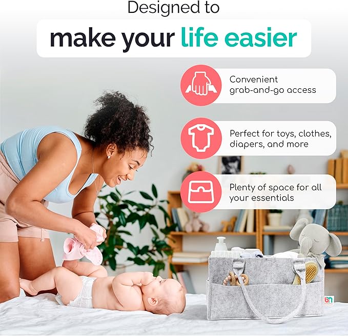 Felt Diaper Caddy - Extra Large Storage for Baby and Toddler Items - Diaper caddy basket - Portable Organizer Easily Holds Diapers, Clothing - Useful for Nursery, Bedroom, Living Room, Car