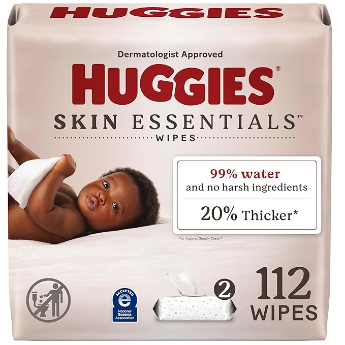 Huggies Skin Essentials Baby Wipes, Hypoallergenic, 99% Water, 2 Flip Top Packs (112 Wipes Total)