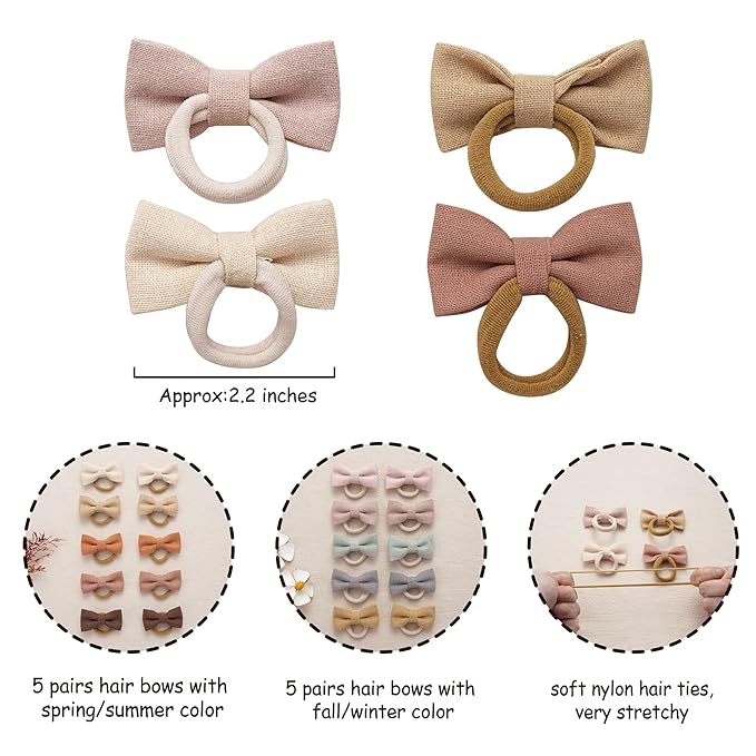 Baby Toddler Girls Hair Ties with Linen Bows, 20 pcs No Damage Elastic Nylon Ponytail Holders, Small Hair Accessories for Thick or Thin Hair