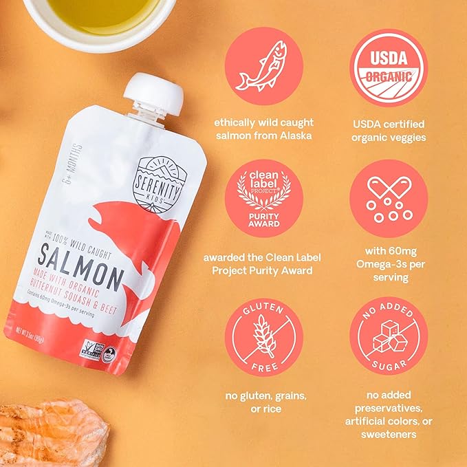 Serenity Kids 6+ Months Baby Food Pouches Puree Made With Ethically Sourced Meats & Organic Veggies | 3.5 Ounce BPA-Free Pouch | Wild Caught Salmon, Butternut Squash, Beet | 1 Count (Pack of 3)