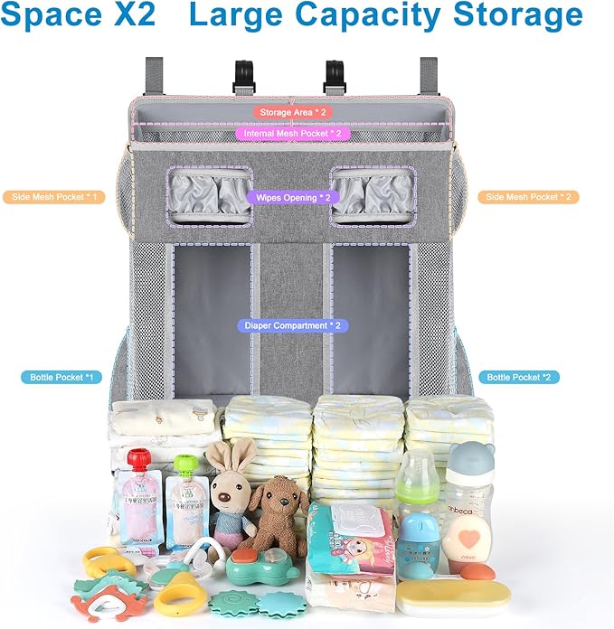Accmor Changing Table Diaper Organizer, Hanging Diaper Caddy Organizer Stacker for Cribs Changing Table Playard Wall Baby Essentials Storage, Grey