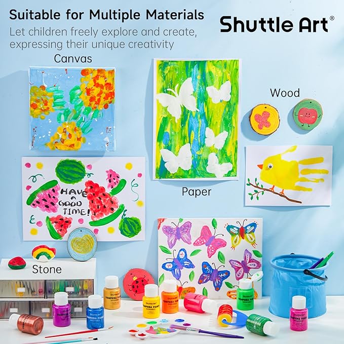 Shuttle Art Tempera Paint, 30 Colors Washable Paint for Kids, 2oz/60ml Bottle, Non-toxic for Toddlers with Glitter Metallic Neon Colors, For Art, Crafts and School Projects