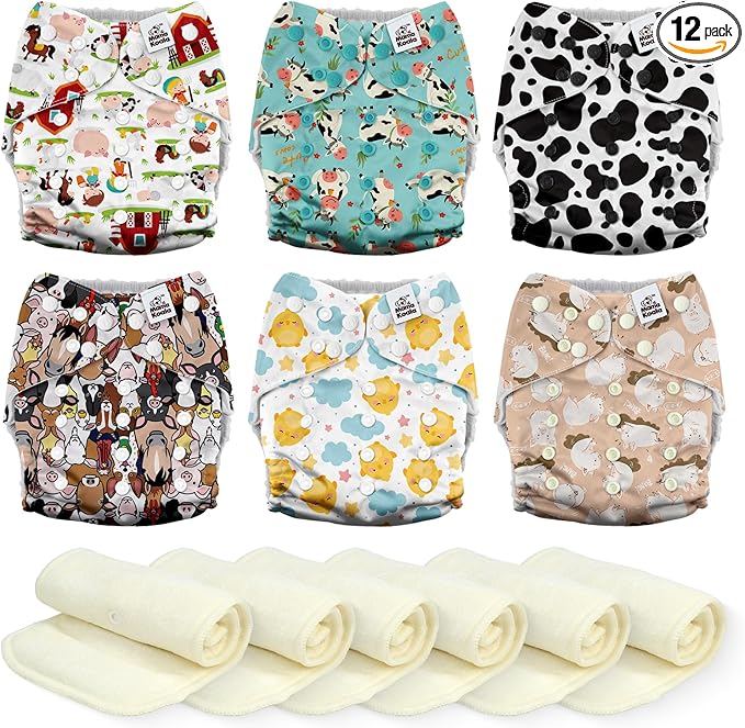 Mama Koala 3.0 Cloth Diapers for Babies, 6 Pack One Size Washable and Reusable Pocket Diapers for Newborns and Toddlers (Farm-My Home)