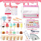 WHOHOLL Wooden Ice Cream Counter Playset for Toddler Girl Toys, Play Store Pretend Toy Food Play Kitchen Accessories with Fake Money & Coin, Gifts for 3+ Year-Old Kids (Pink)