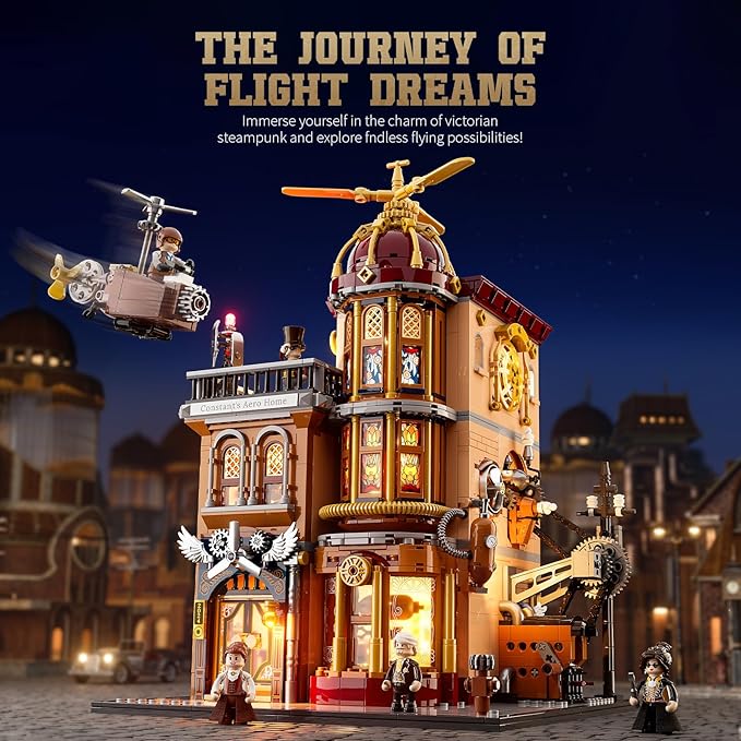 FUNWHOLE Steampunk Flying Club Lighting Building-Bricks Set - 1871 Pcs Modular Building Blocks Display Collectible Set for Adults