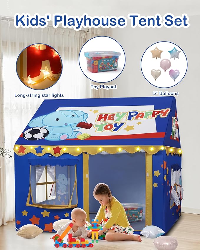 Kids Play Tent, Toddler Tent for Kid Indoor & Outdoor, 48.5"x39.4"x48.5" Playhouse Tents with Complete Toys Set, Kids Tent 3 Window, Lights and 5 Balloons