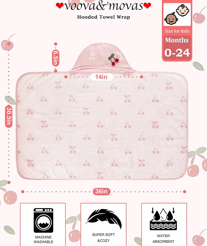 VOOVA & MOVAS Thick Baby Hooded Bath Towel - 100% Cotton,420GSM, 30.5x36 Inches,0-2Years, Super Absorbent Large Towel with Cherry Hood for Newborn,Toddler,Infant, Pink Cherry