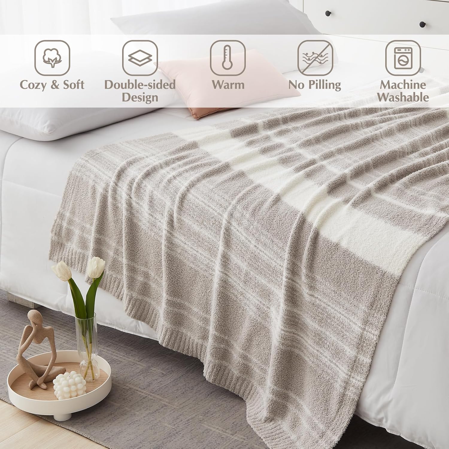 WRENGONGE Taupe Throw Blanket, 50x70 Soft Cozy Striped Throw Blankets for Couch, Sofa, Bed, Travel, Lightweight Fluffy Warm Plush Decorative Blankets for Women, Men,Kids Gift