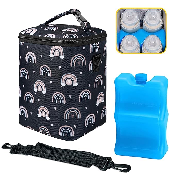 Breastmilk Cooler Bag with Ice Pack Fits 4 Baby Bottles Up to 9 Ounce Insulated Baby Bottle Bag Breast Milk Cooler on the Go with Strap Fits Medela/Dr.Brown's for Nursing Mom Daycare, Work or Travel