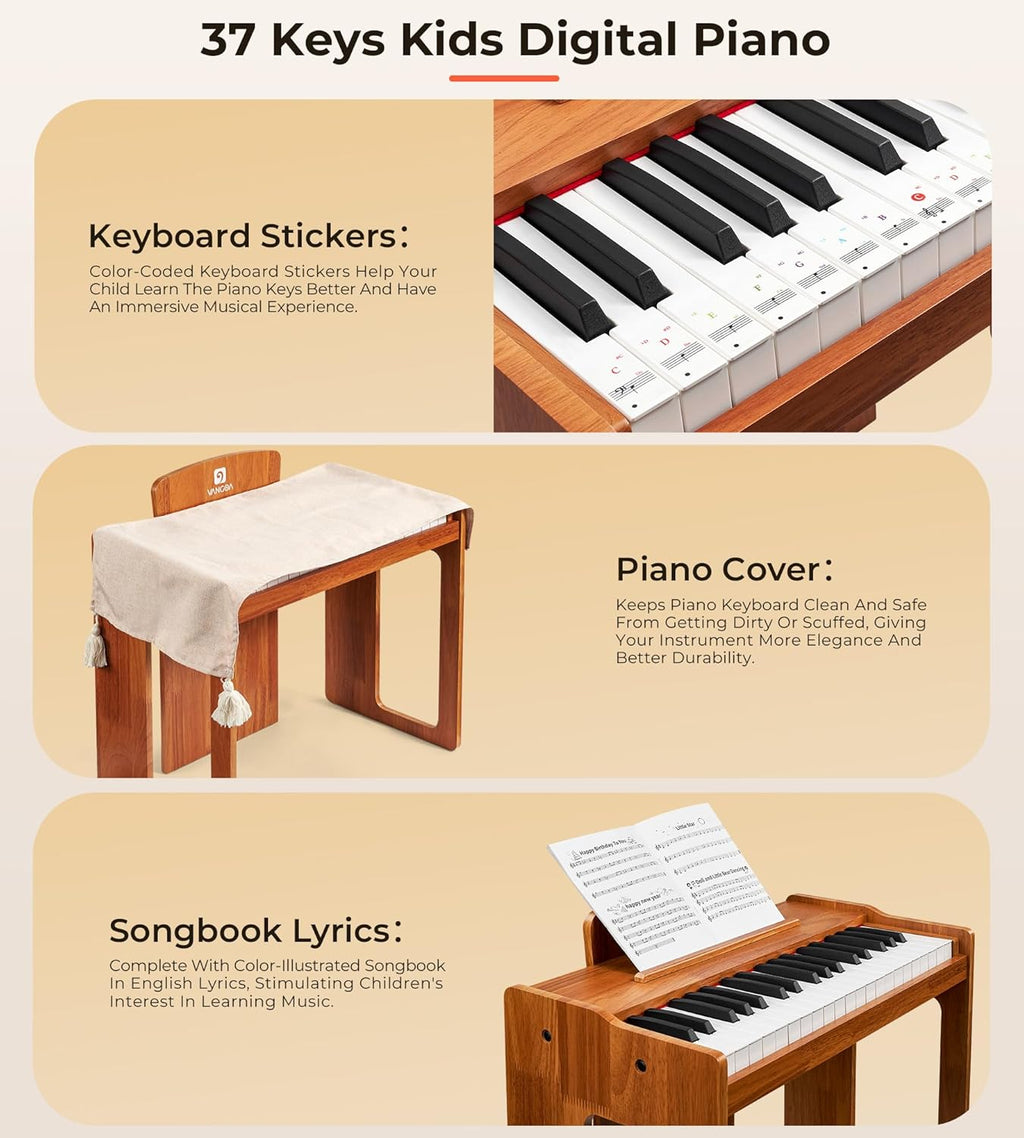Vangoa Kids Piano Keyboard, 37 Keys Wood Digital Piano for Kids, Music Educational Instrument Toy, for Girls and Boys, Solid Wood Yellow