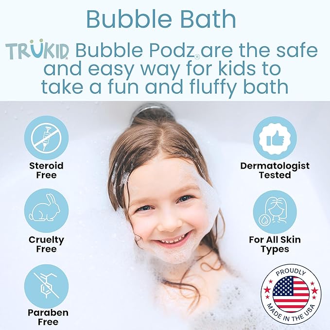 TruKid Bubble Podz Bubble Bath for Kids, Toddlers, & Babies, Tear Free Gentle & Refreshing Bath Bomb for Sensitive Skin with Natural Moisturizers, Non-Toxic, pH Balanced, Strawberry Scent (10 Podz)