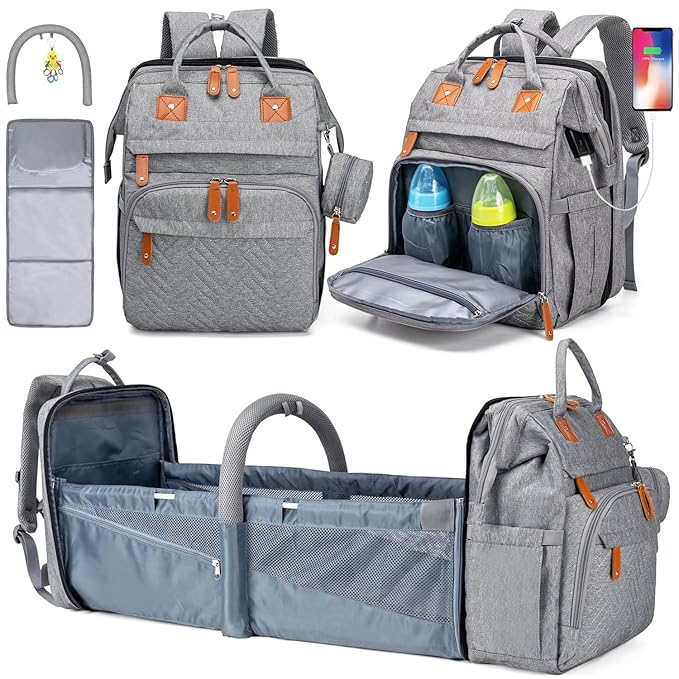 KABAQOO Diaper Bag Backpack with Detachable Changing Station, Large Capacity Baby Diaper Bags for Boys & Girls, Baby Registry Search Stuff & Shower Gifts, Newborn Essentials Must Haves, Grey