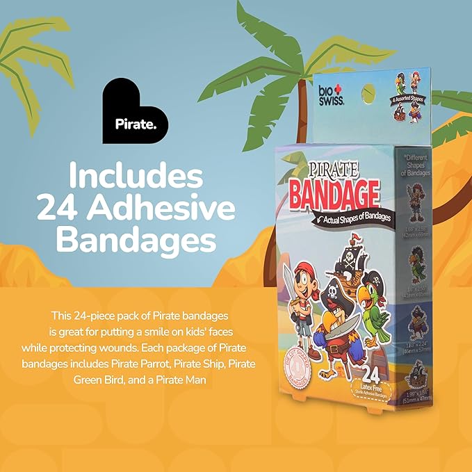 BioSwiss Bandages, Pirate Shaped Self Adhesive Bandage, Latex Free Sterile Wound Care, Fun First Aid Kit Supplies for Kids and Adults, 24 Count