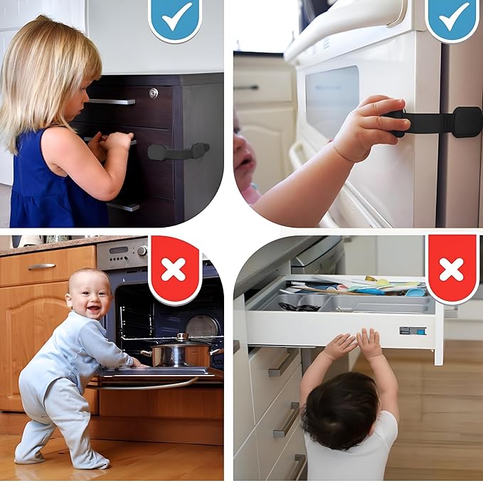 3M Adhesive Child Safety Strap Locks by Baby Proof Me, Baby Latches for Cabinets, Dishwashers, Fridges, Ovens and Trash Cans, Stain Free Toilet Lock (Black, 24 Safety Latches)