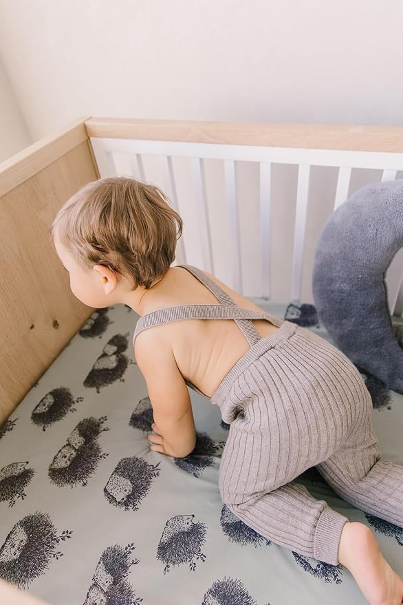 Oilo Crib Sheet, Breathable 100% Turkish Cotton Fitted Jersey, 300 Thread Count, Machine Washable, Fits Standard Crib (28" x 52" x 6"), Toddler Bedding, Girl, Boy, & Neutral Nursery Design, Hedgehog