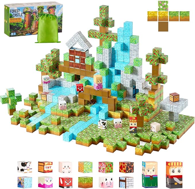 VEVOR Magnetic Blocks, 150 PCS Forest Castle Set, Magnetic Building Cubes for Kids, STEM Montessori Sensory Toys for Christmas Birthday Gift, Construction Stacking Toy for 3+ Years Old Boys & Girls